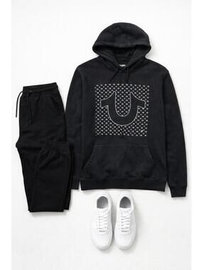 True Religion Black Hoodie Sweatshirt Size Medium Logo Graphic